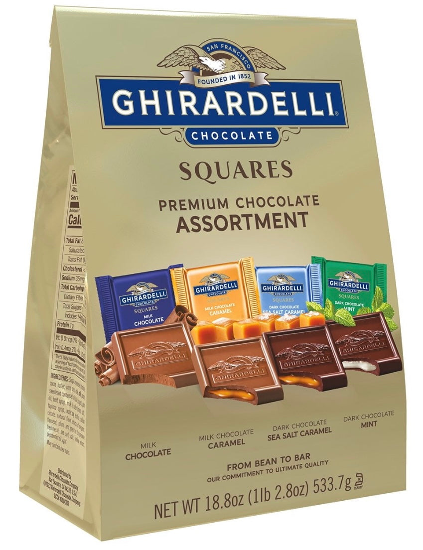 GHIRARDELLI SQUARES PREMIUM CHOCOLATE 23.6 OZ Assortment with Ghirardelli Milk Chocolate + Ghirardelli Caramel Milk Chocolate + Ghirardelli Sea Salt Caramel Dark Chocolate + Ghirardelli Mint Dark Chocolate