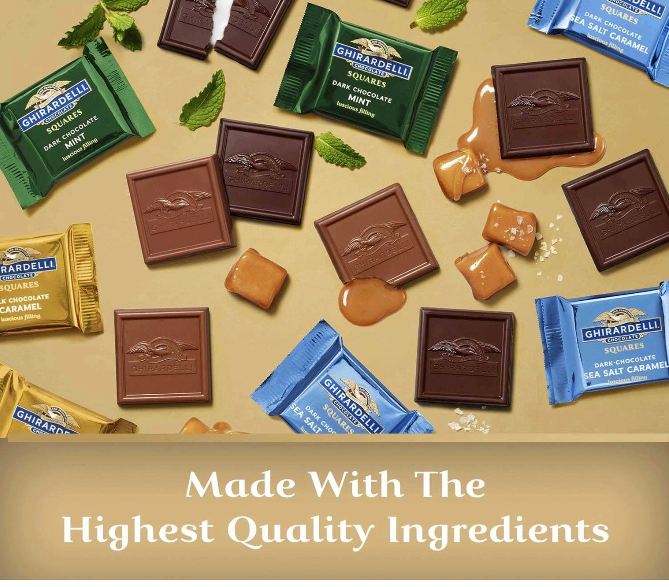 GHIRARDELLI SQUARES PREMIUM CHOCOLATE 23.6 OZ Assortment with Ghirardelli Milk Chocolate + Ghirardelli Caramel Milk Chocolate + Ghirardelli Sea Salt Caramel Dark Chocolate + Ghirardelli Mint Dark Chocolate