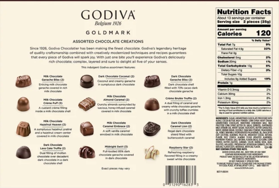 GODIVA Belgium Assorted Chocolate Creations Gift Box Net wt 11.30 OZ / 320 g