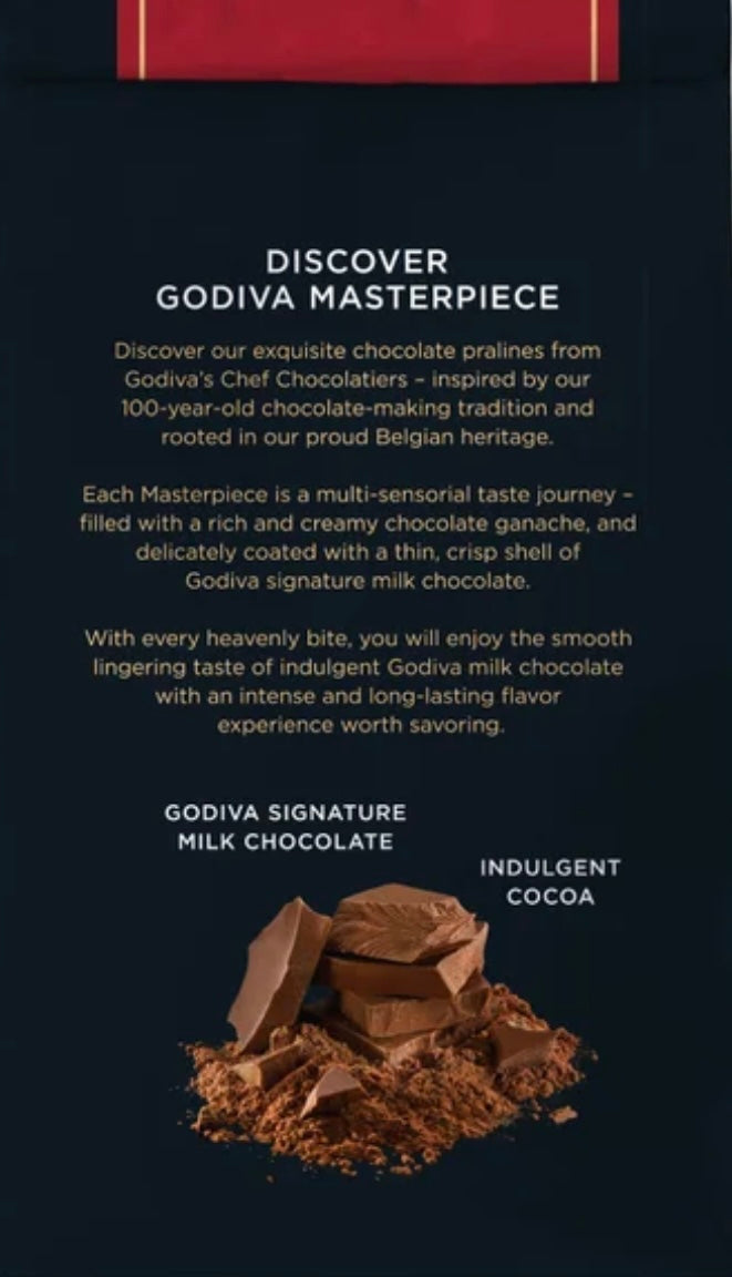 GODIVA Masterpiece Heavenly Milk Chocolate With Ganache Net wt 15.01 OZ / 428 g
