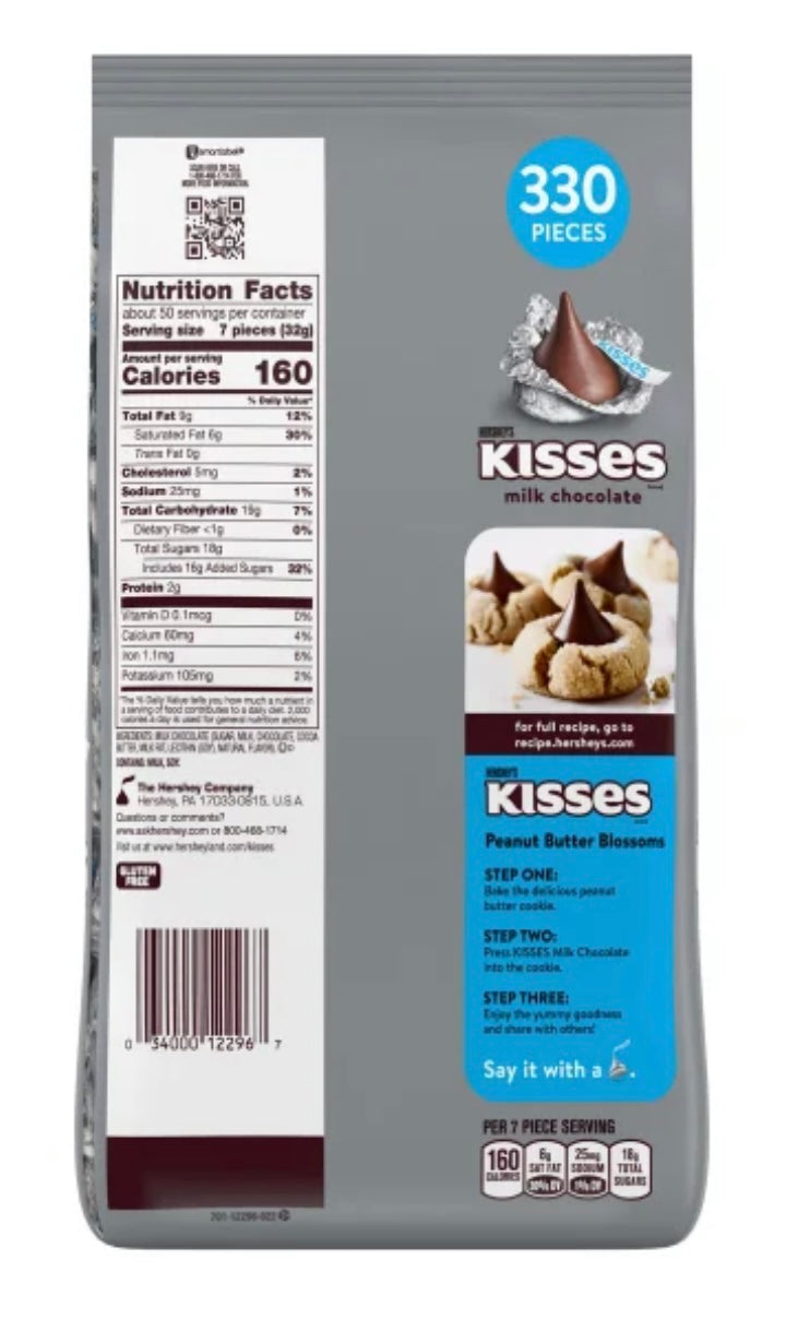 HERSHEY's KISSES Milk Chocolate 330 Pieces 3 lb 8 OZ / net wt 56 OZ / 1.58 Kg
