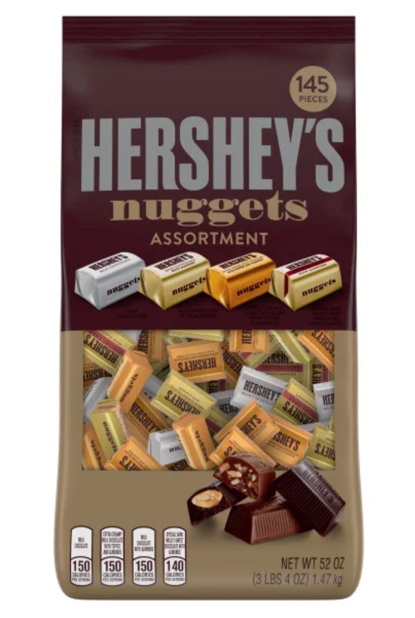 Hershey's Nuggets Assortment Variety Pack 145 Pieces 3 lb 4 OZ / net wt 52 OZ / Milk Chocolate + Milk Chocolate with Almonds + Mildly Sweet Special Dark Chocolate w/t Almonds + Extra Creamy Milk Chocolate w/t Toffee and Almonds