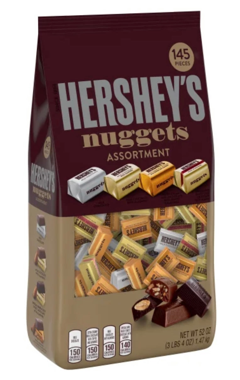 Hershey's Nuggets Assortment Variety Pack 145 Pieces 3 lb 4 OZ / net wt 52 OZ / Milk Chocolate + Milk Chocolate with Almonds + Mildly Sweet Special Dark Chocolate w/t Almonds + Extra Creamy Milk Chocolate w/t Toffee and Almonds