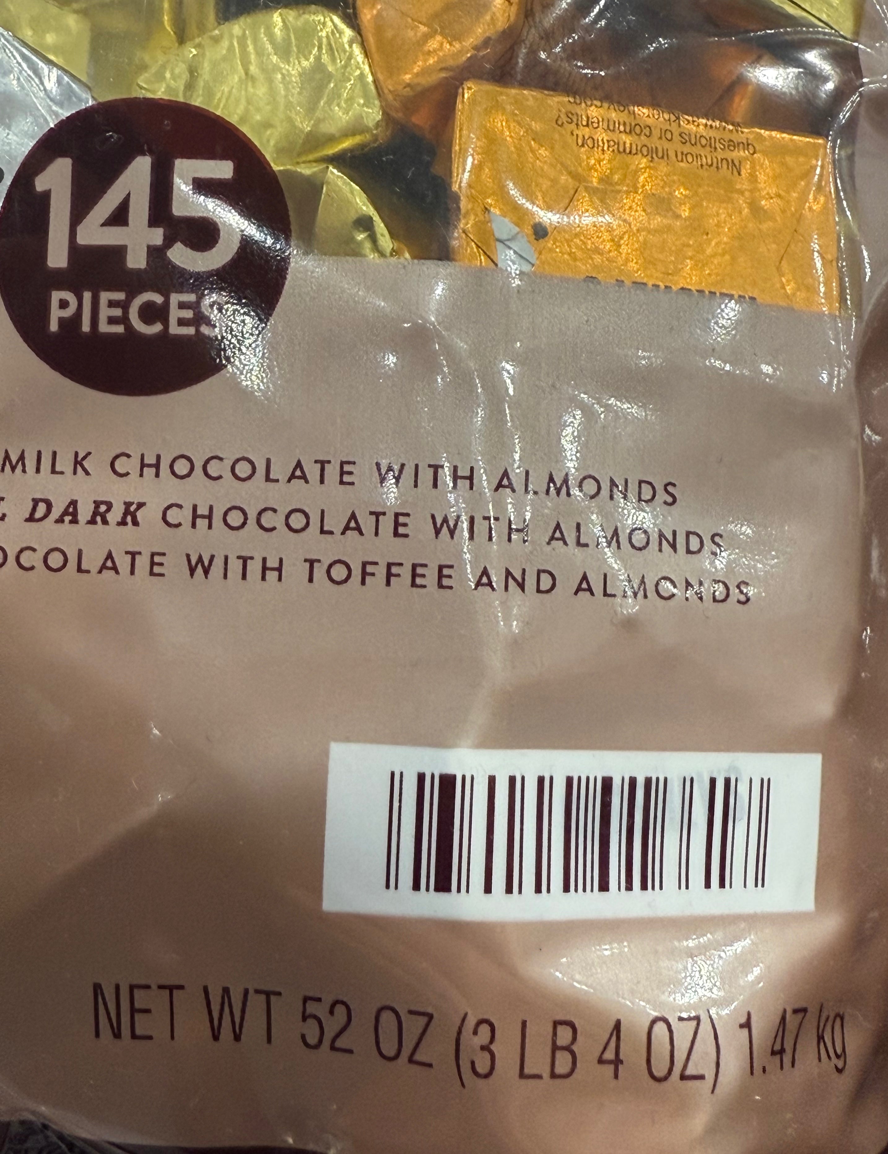 Hershey's Nuggets Assortment Variety Pack 145 Pieces 3 lb 4 OZ / net wt 52 OZ / Milk Chocolate + Milk Chocolate with Almonds + Mildly Sweet Special Dark Chocolate w/t Almonds + Extra Creamy Milk Chocolate w/t Toffee and Almonds