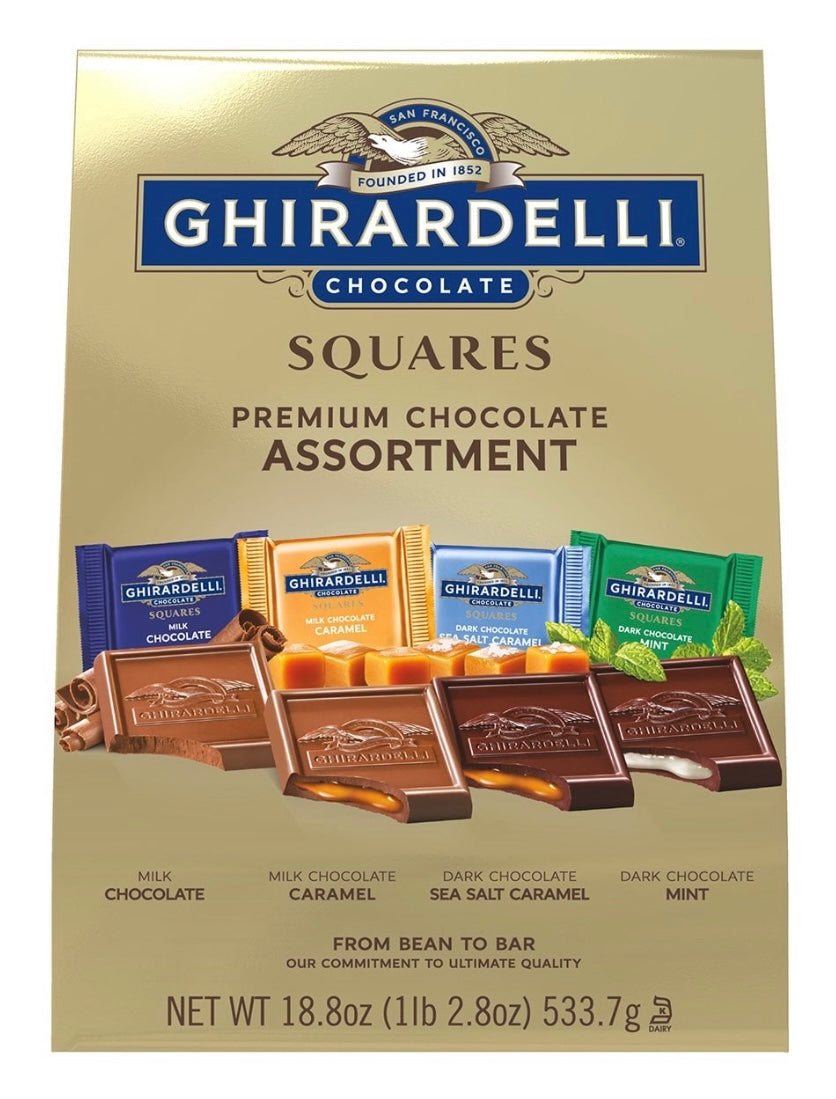 GHIRARDELLI SQUARES PREMIUM CHOCOLATE 18.8 OZ Assortment with Ghirardelli Milk Chocolate + Ghirardelli Caramel Milk Chocolate + Ghirardelli Sea Salt Caramel Dark Chocolate + Ghirardelli Mint Dark Chocolate