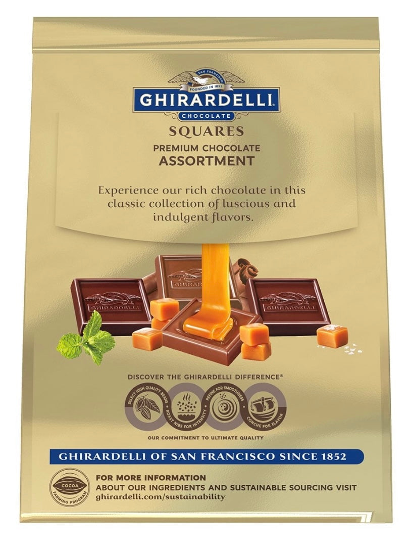 GHIRARDELLI SQUARES PREMIUM CHOCOLATE 18.8 OZ Assortment with Ghirardelli Milk Chocolate + Ghirardelli Caramel Milk Chocolate + Ghirardelli Sea Salt Caramel Dark Chocolate + Ghirardelli Mint Dark Chocolate