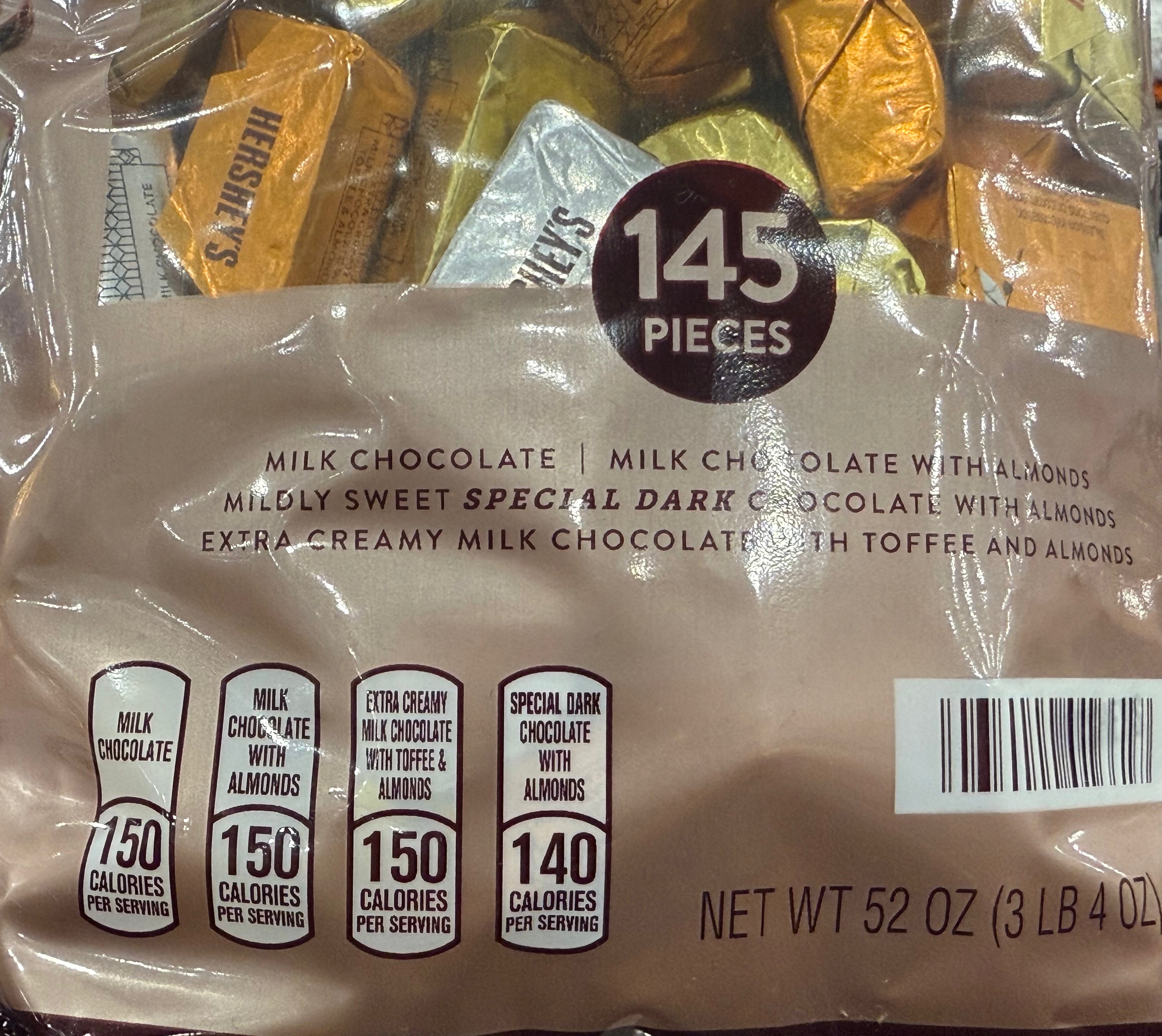 Hershey's Nuggets Assortment Variety Pack 145 Pieces 3 lb 4 OZ / net wt 52 OZ / Milk Chocolate + Milk Chocolate with Almonds + Mildly Sweet Special Dark Chocolate w/t Almonds + Extra Creamy Milk Chocolate w/t Toffee and Almonds