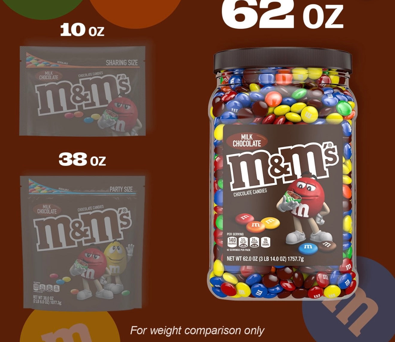 m&m MILK Chocolate Candies net wt 62 OZ / 3 Lb 14 OZ / 1757.7 g