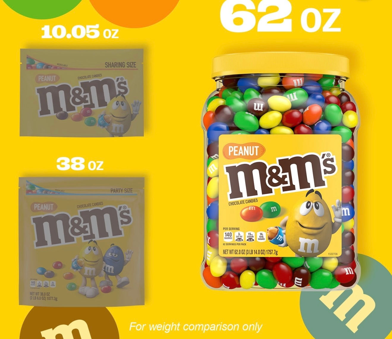 m&m's PEANUT Chocolate Candies net wt 62 OZ / 3 Lb 14 OZ / 1757.7 g